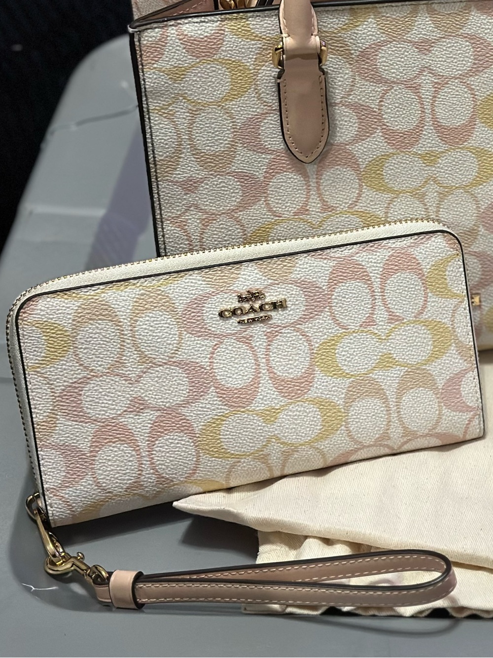 Coach Pastel Signature Wallet with Wristlet - Pink/Yellow/Cream